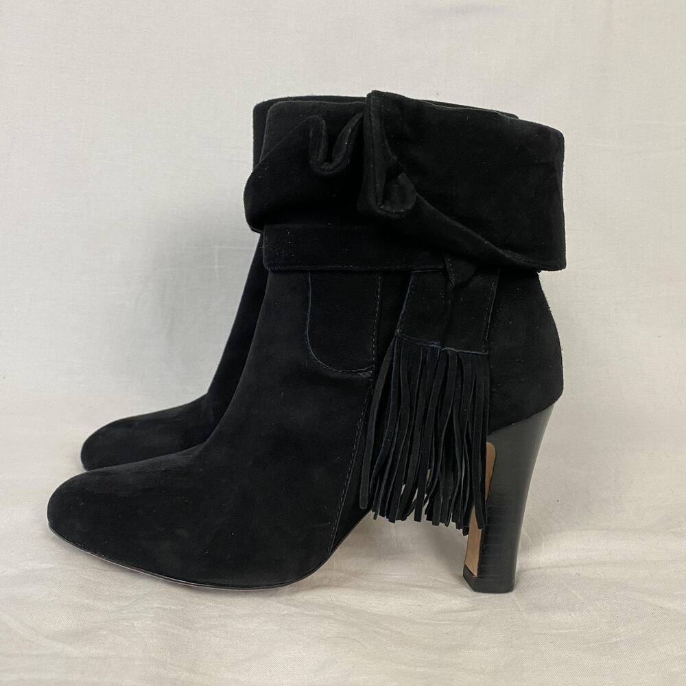 Johnston & Murphy Boots Womens 7.5 Black Suede Fringe Ankle Heel Booties Western - Picture 4 of 12